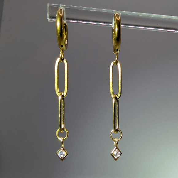 Gold Tone Paperclip Chain Huggie Earrings Gold Ion-Plated Stainless Steel Hoops - Picture 8 of 12